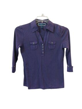 Karen Scott Petite Small PS Purple Cotton 3/4 Sleeve Polo Shirt Button NWOT D-27
